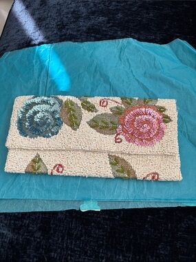 Accessorize Cream Beaded Floral Envelope Clutch with Pink & Blue Roses
